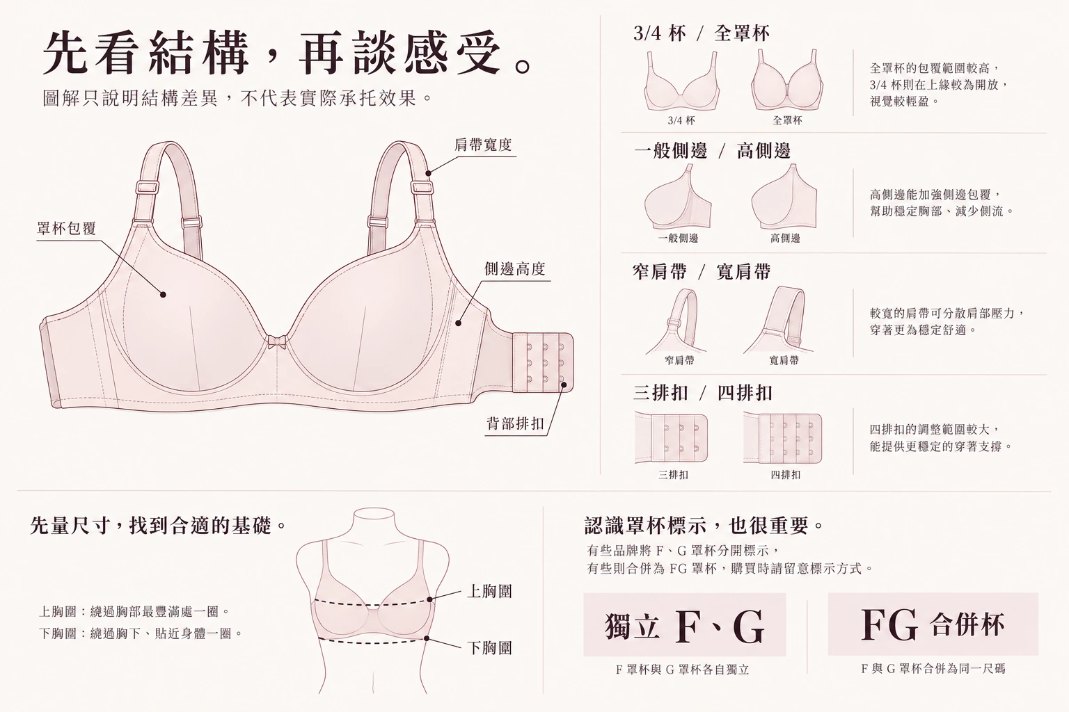 生成插畫:無鋼圈內衣的罩杯包覆、肩帶寬度、側邊高度與背部排扣位置;一般結構示意。