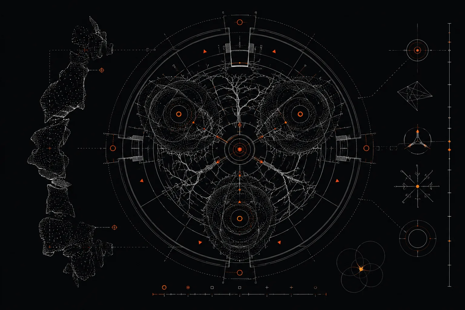 Abstract radial stage plan with three spatial zones and a fractured point-cloud contour