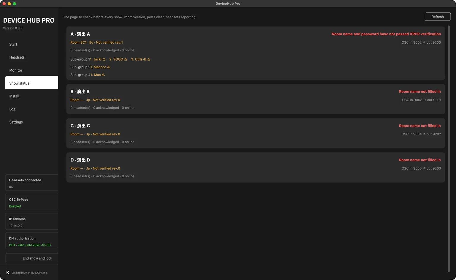 DeviceHub Pro 0.3.8 English show-status interface with per-show rooms, OSC ports, headset groups and readiness indicators