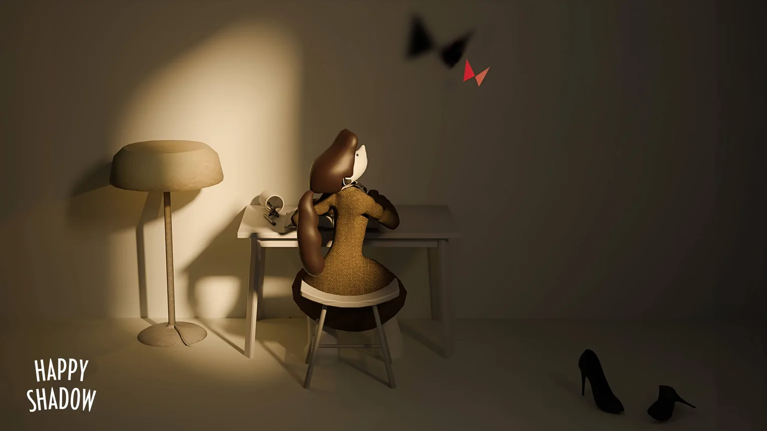 Joey sits at a desk in Happy Shadow, with shadows and a red butterfly on the wall