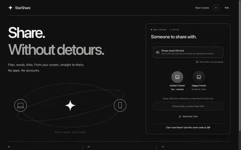 StarShare in English, with a side panel reading "Same network · 2 online" above two devices available to share with, beside the headline "Share. Without detours."