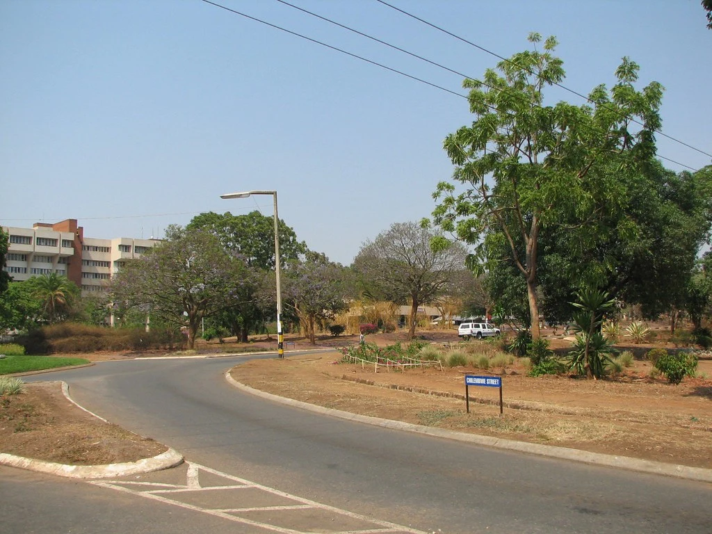 里朗威彎道路邊的實拍藍白牌，寫CHILEMBWE STREET，周圍為樹木、草地與街道。