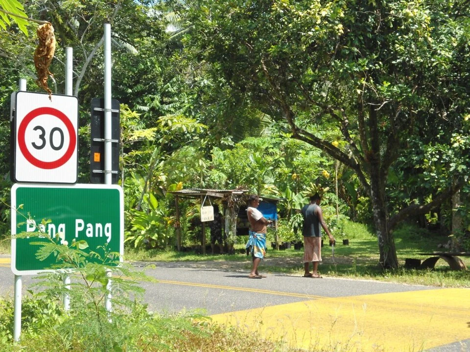 萬那杜邦邦村公路旁，綠底白字Pang Pang聚落牌下有枝葉，上方為30限速，後方是民居與行人。
