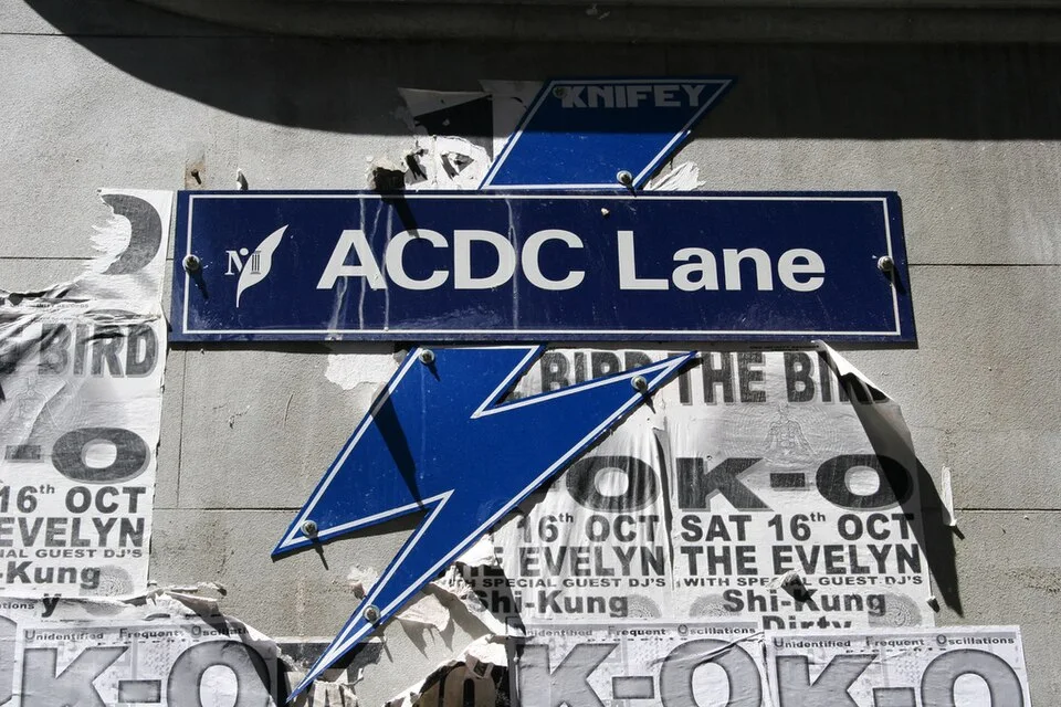 墨爾本藍底白字ACDC Lane街牌，旁有閃電造形，下方牆面貼滿黑白海報。