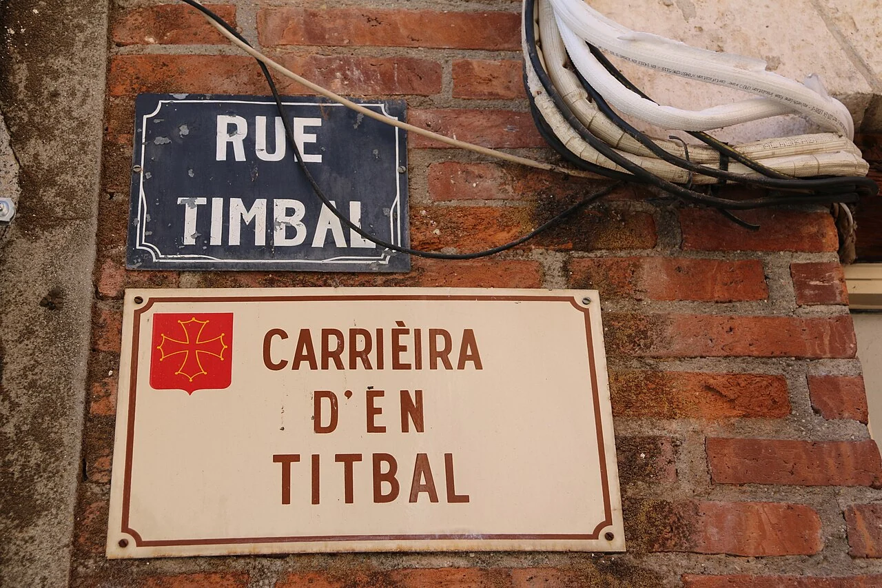 阿爾比的實拍街牌。上牌「RUE TIMBAL」，下牌「CARRIÈIRA D’EN TITBAL」是同一街名的不同語言形式。