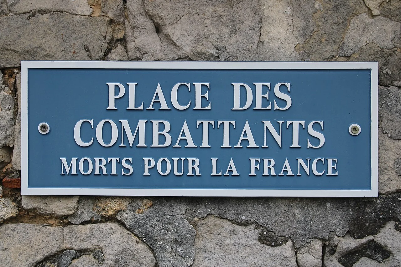 楓丹白露的實拍街牌。牌讀「PLACE DES COMBATTANTS MORTS POUR LA FRANCE」，是紀念為法國犧牲戰士的廣場名稱。