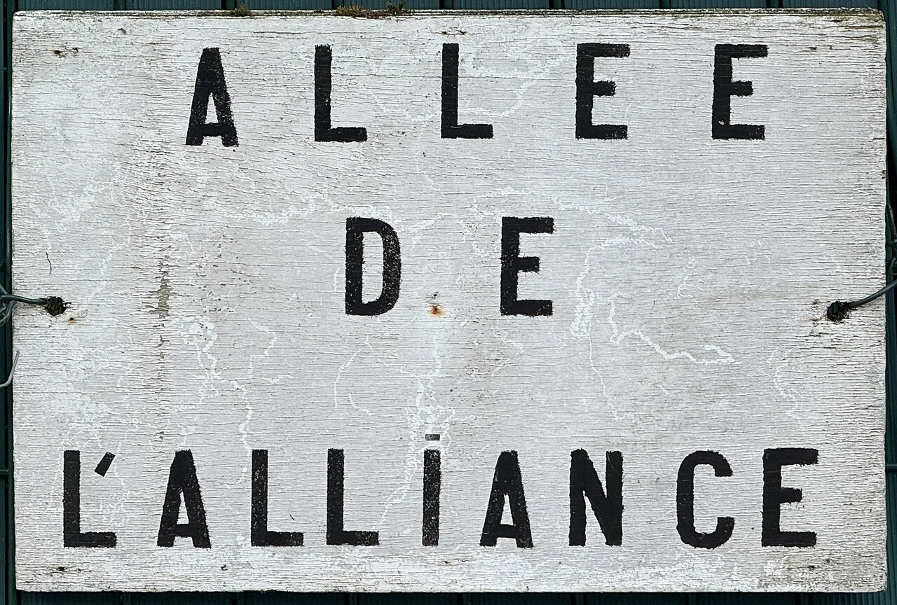 凡爾賽的實拍街牌。「ALLÉE DE L’ALLIANCE」為道路名稱,Allée與下方名稱合讀;畫面沒有門牌。