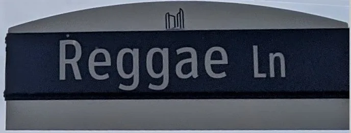 多倫多深藍底淺色字Reggae Ln街牌特寫，頂端有市政廳輪廓標誌。