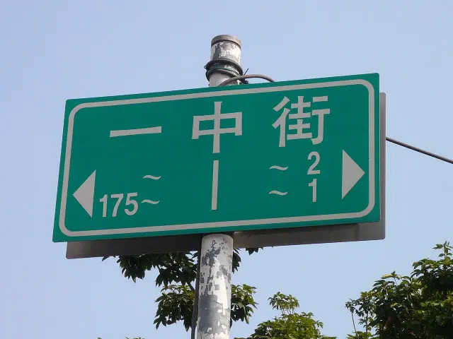 臺中一中街綠底白字街牌，附左右箭頭與門牌範圍。