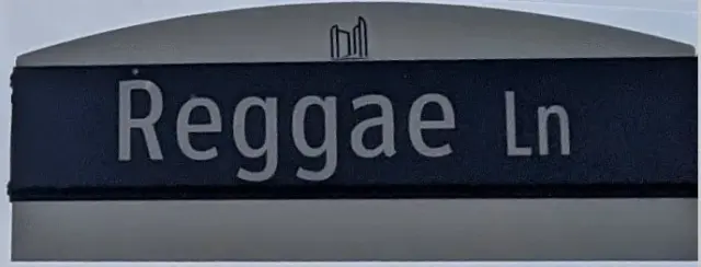 多倫多深藍底淺色字Reggae Ln街牌特寫，頂端有市政廳輪廓標誌。