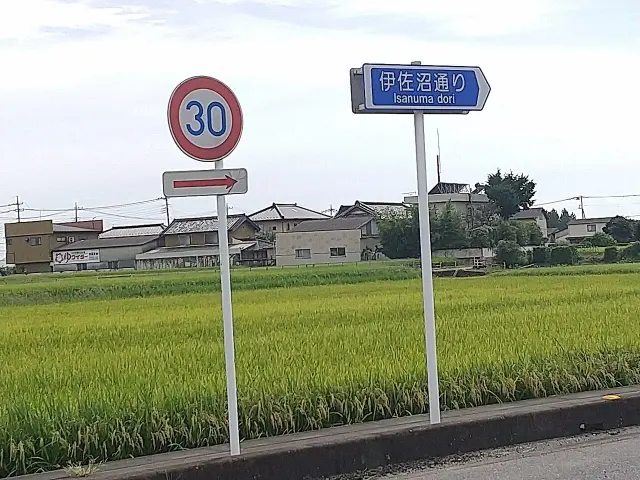 川越伊佐沼通的日文與羅馬字街牌立在稻田前，旁邊另有三十公里速限牌。