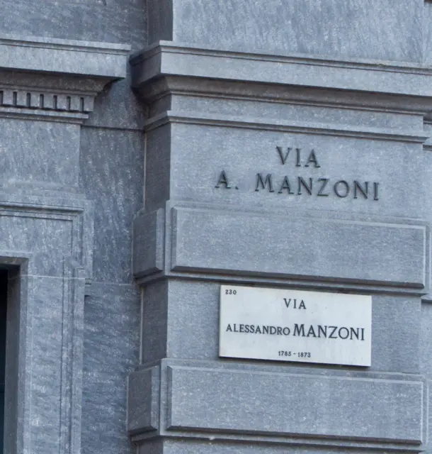米蘭的實拍街牌。牆上「VIA A. MANZONI」為縮寫；另一牌寫「VIA ALESSANDRO MANZONI」及1785–1873，後者是人物生卒年。