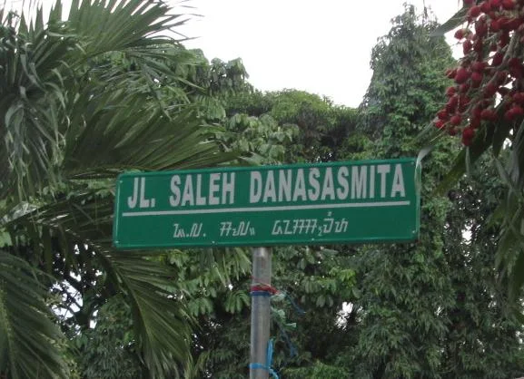 茂物樹木間的綠底街牌，上行JL. SALEH DANASASMITA，下行為較小的巽他文字。