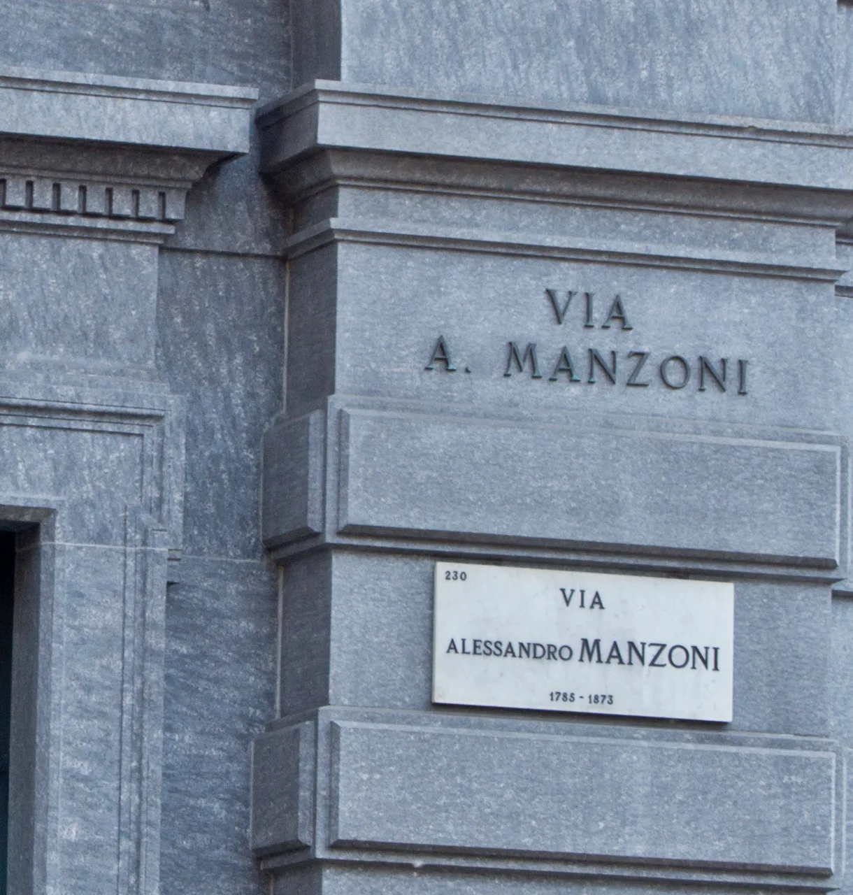 米蘭的實拍街牌。牆上「VIA A. MANZONI」為縮寫；另一牌寫「VIA ALESSANDRO MANZONI」及1785–1873，後者是人物生卒年。