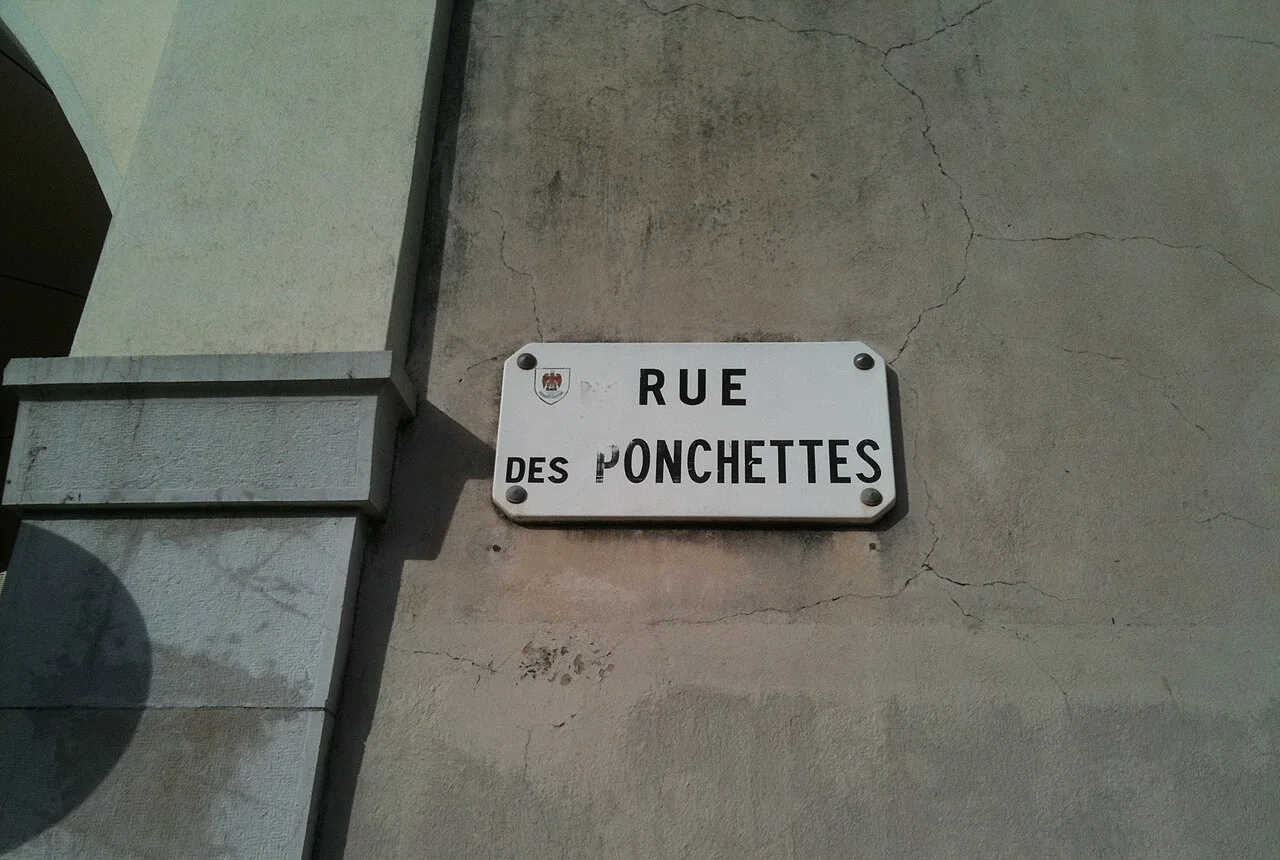 尼斯的實拍街牌。「RUE DES PONCHETTES」為蓬謝特街名稱，左上有小型城市徽章；照片只有法文牌。